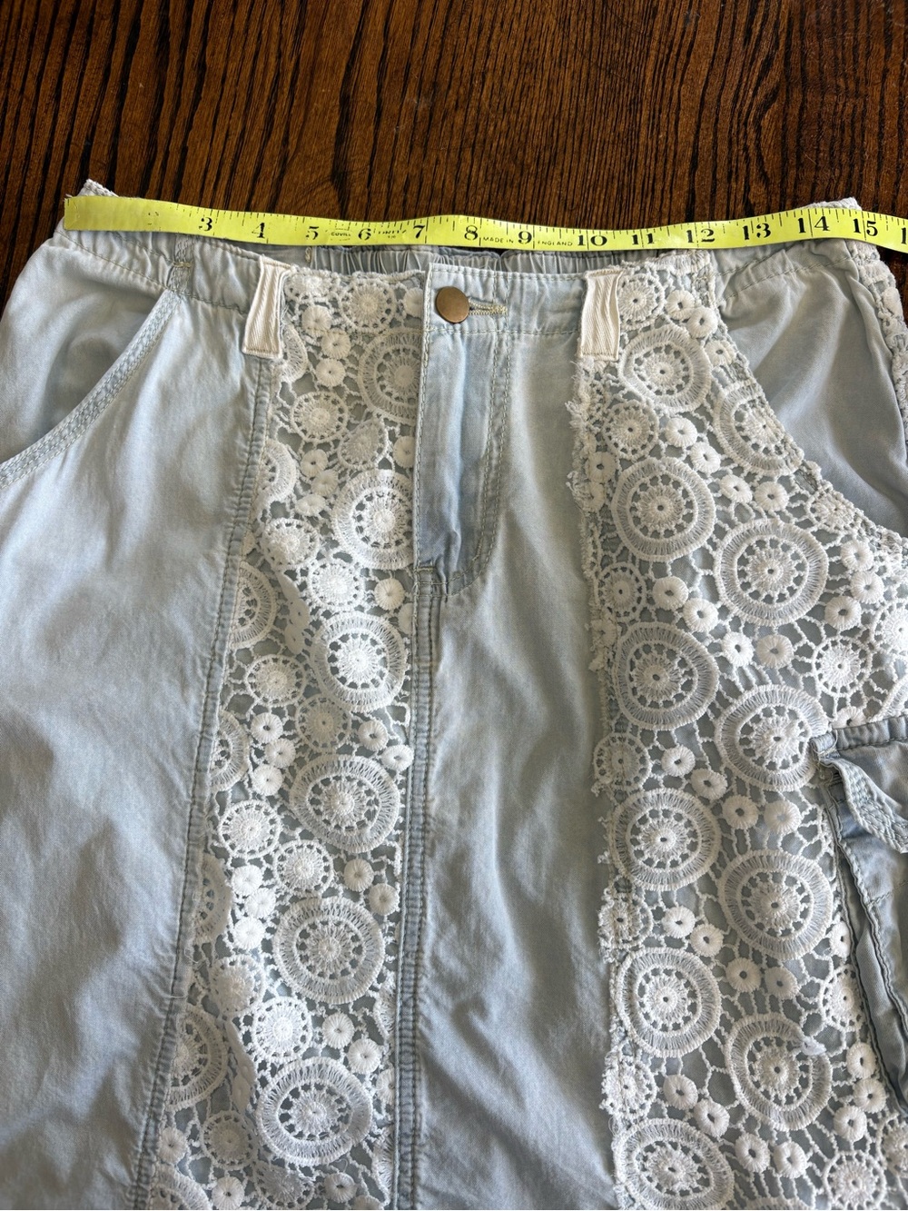 POL Lace Light Wash Denim Midi Maxi Skirt Crochet Medium Boho Coastal Cowgirl - Picture 13 of 15
